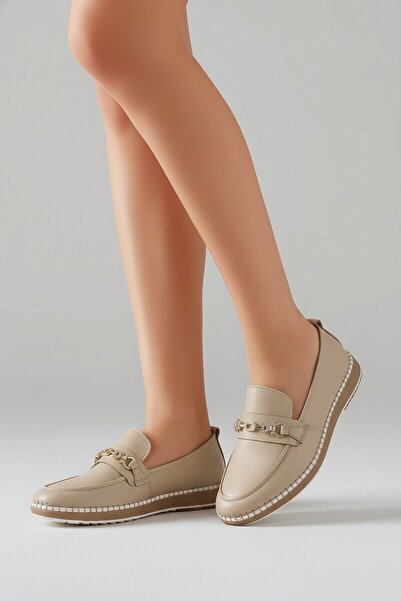 Voyager V26YA-Z540 Ekru Cilt Deri Comfort Kadın Babet Ayakkabı
