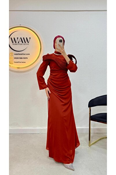 waw tesettür Şifon Drapeli Taşlı Tesettür Abiye