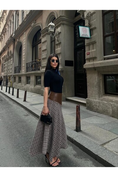 cemo Belden Deri Garnili A-Kesim Uzun Desenli Etek