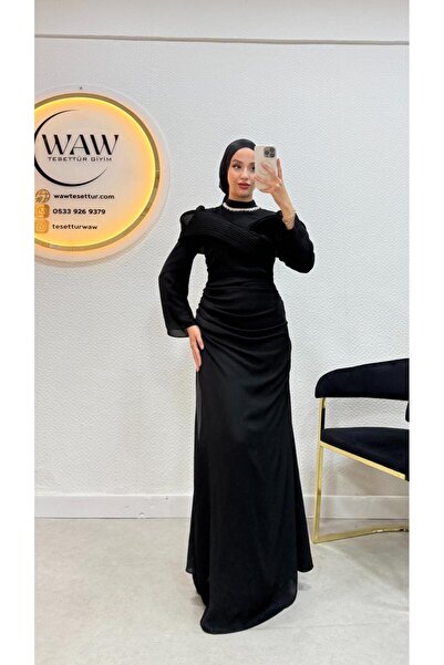 waw tesettür Şifon Drapeli Taşlı Tesettür Abiye