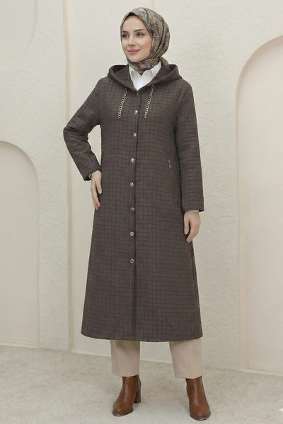 Kirazgym Women's Long Quilted Hijab Coat with Chain Detail on the Collar (Ava...