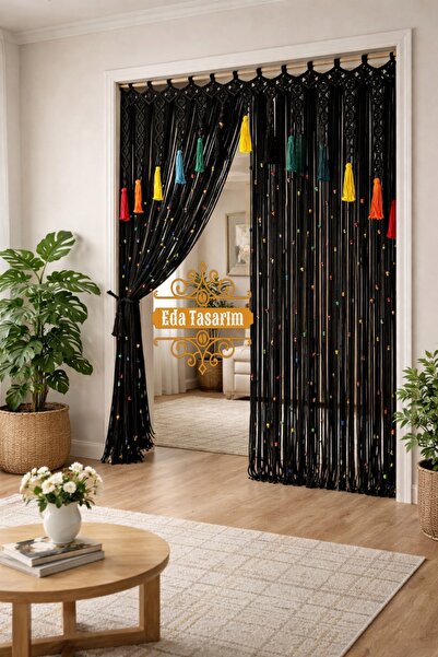 EdaTasarım Siyah Makrome Perde Renkli Boncuk&Puskul