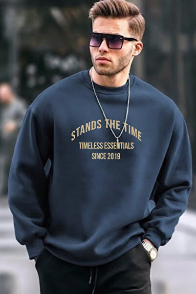 COMBİNE MİCHAİL Ανδρικό φούτερ Time Print σε άνετο ναυτικό μπλε χρώμα