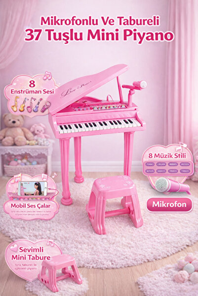 YILDIRIM OYUNCAK Mikrofonlu Tabureli MP3 Çalarlı 37 Tuşlu Mini Piyano | LED E...