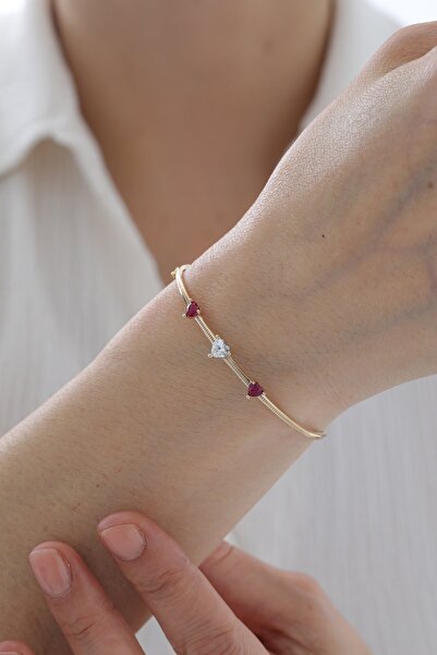 YAVUZ KUYUMCULUK 14 Ayar Altın Kalp Detaylı Yakut Kelepçe