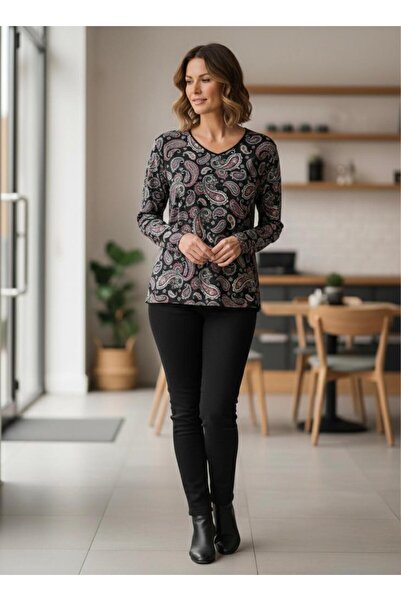 THEBEK Yumoş Velvet Suede Patterned Blouse Black Ground Pattern / Pink Black