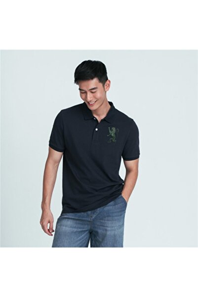 Giordano قميص بولو رجالي بقصة ضيقة وتطريز أسد ثلاثي الأبعاد من الليكرا بيكيه