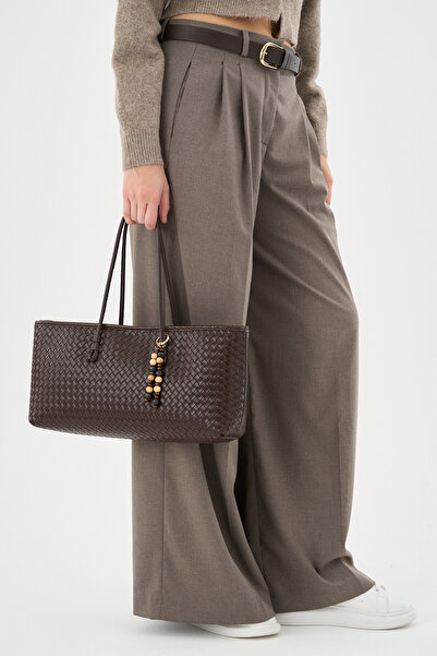 Boutique de Carbon Women's Long Tote Bag Brown Braided Magnetic Hand and Shou...