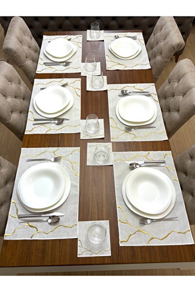 NURHAN HOME COLLECTION طقم لينيا موديل جولد مطرز بالذهب مكون من 12 قطعة، مناد...