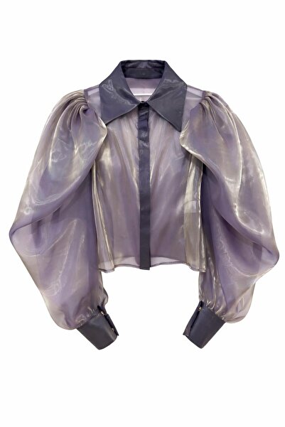 MERT ERKAN قميص أورجانزا حريري شفاف بأكمام بالونية مبتكرة