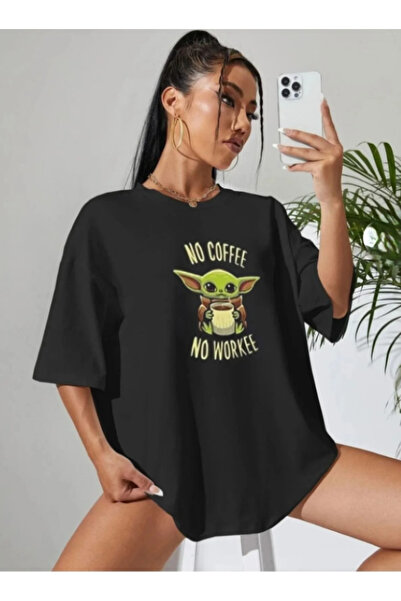 ALCİNOUS تي شيرت أسود كبير الحجم من القطن مطبوع برقبة دائرية