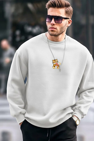COMBİNE MİCHAİL Men's Tiger Printed Loose Ecru Sweatshirt