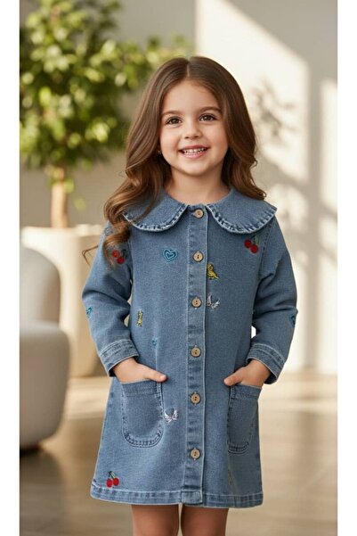 Elidabutik Φόρεμα τζιν ανοιχτού χρώματος με κέντημα στο γιακά για μωρά