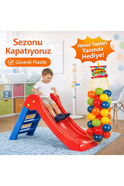 Sayıcı Kids Hediyeli Ekonomik Kırmızı Kaydırak + Oyun Havuzu Topları + Bahçe ...