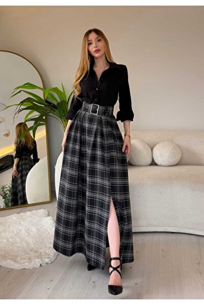 EGZOTİK ASORTİK Fustă în carouri cu șliț lung și curea