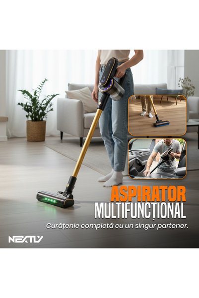NEXTLY Aspirator vertical și mop, LED, 4 capete, negru