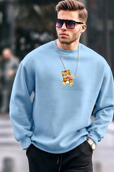 COMBİNE MİCHAİL Men's Tiger Printed Loose Fit B.Blue Sweatshirt