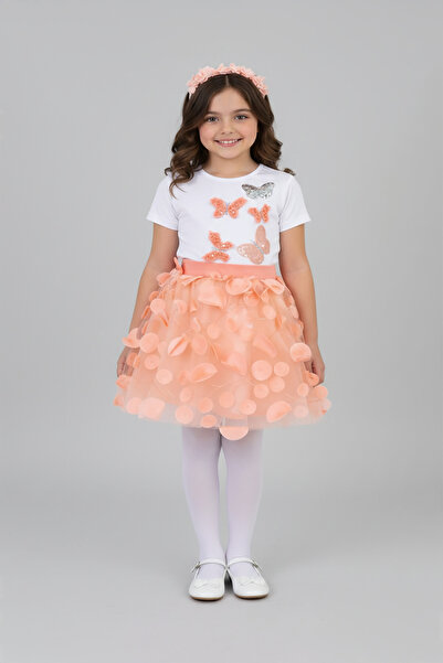 FATELLA طقم تي شيرت بتفاصيل فراشة بلون السلمون وتنورة بلون السلمون للفتيات، م...