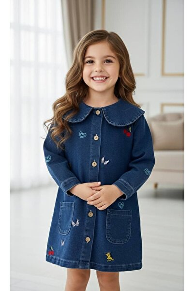 Elidabutik Βρεφικό φόρεμα τζιν σε σκούρο χρώμα με κέντημα στο γιακά