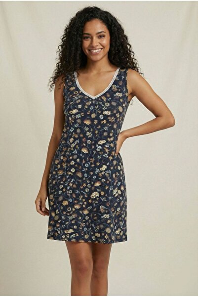 MOYHIO Lacivert Dantelli Desenli Esnek Viskon Kadın Gecelik - Terletmeyen Yum...