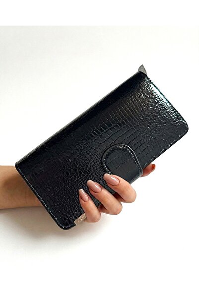 ELEVIA Italian Black Croco Wallet, Made in Italy, Genuine Patent Leather, Cro...