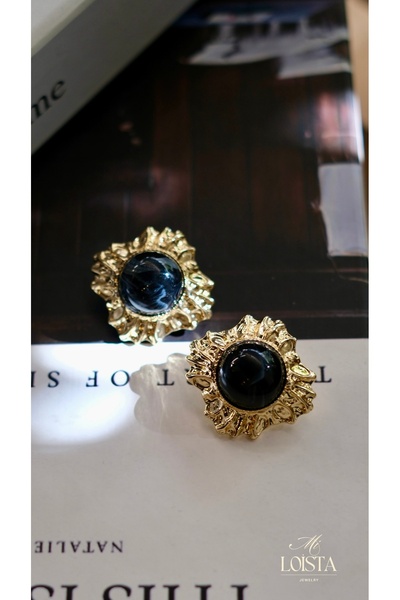 Mi Loista Jewelry أقراط ذهبية عتيقة بتفاصيل حجر أسود