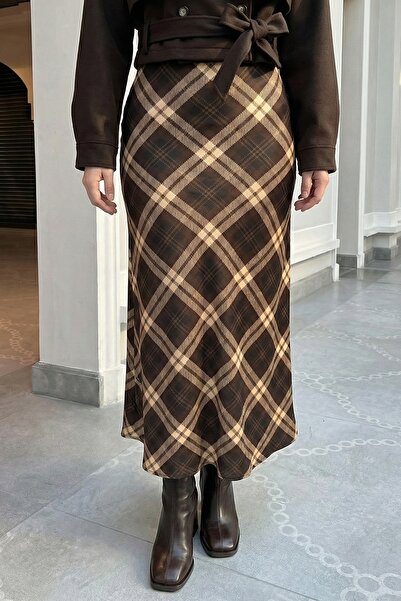InStyle Plaid Patterned Bitter Brown Satin Skirt