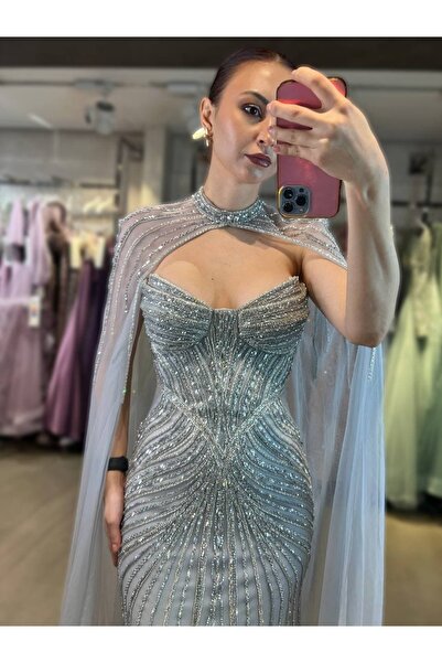 Hanımefendi Giyim Stone Fish Shaped Dress with Halter Neck and Cape Detail