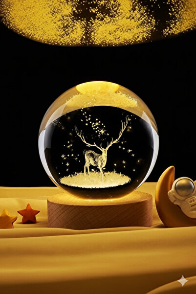 TeknoEser Geyik Figürlü 3D Kristal Küre Gece Lambası - Ahşap Kaideli Işıklı D...