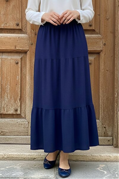İmajButik Fusta bleumarin cu talie elastică în mai multe straturi și pliuri