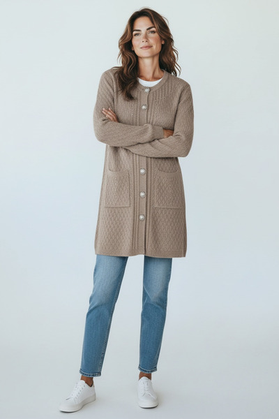 ECE GİYİM Women's Front Buttoned, Pocketed, Side-Slit-Free, Merserized Cardigan