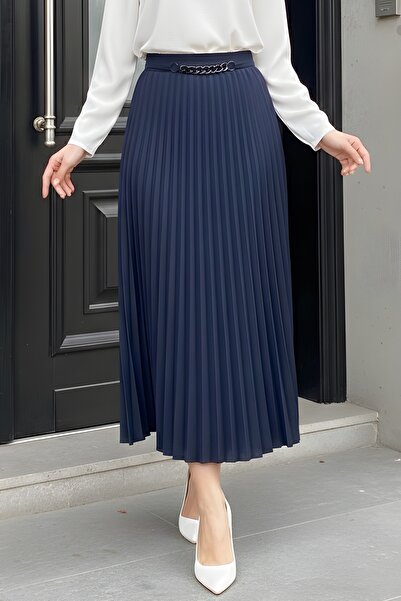 İmajButik Fusta plisată albastru marin cu detaliu lanț în talie