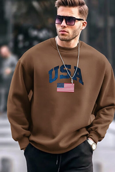 COMBİNE MİCHAİL Ανδρικό φούτερ με στάμπα USA Comfort σε καφέ χρώμα