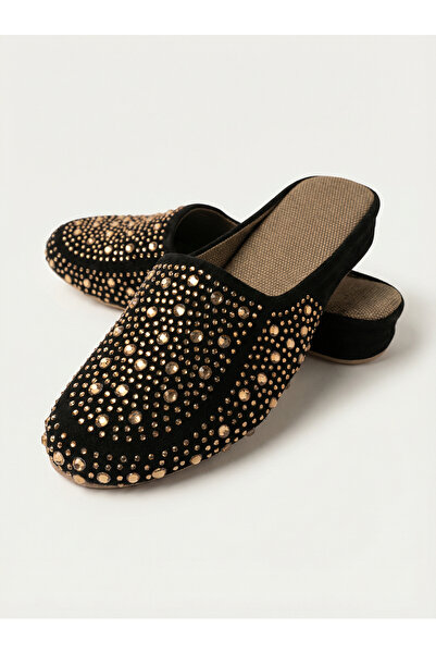 Shoebuo Women's Black Suede Stone House Slippers with Gold Stone Detail, Non-...