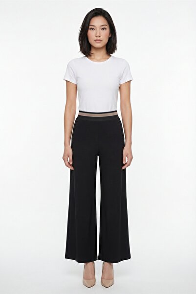 EXİTLİNE Women's Black Summer Elastic Waist Ribbed Wide-Leg Long Pants