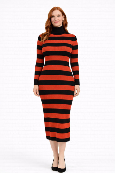 Neden Tekstil Striped Turtleneck Ribbed Knit Dress