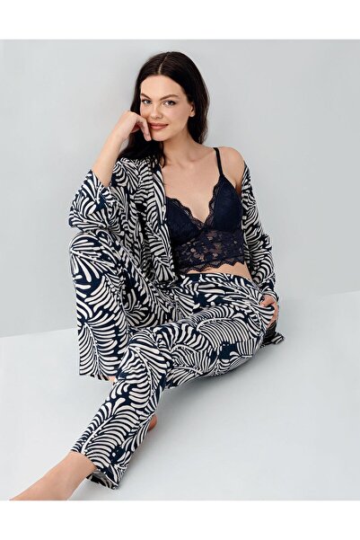 Arnetta Women's 3-Piece Patterned Pajama & Homewear Set – Lace Bralette Bra, ...