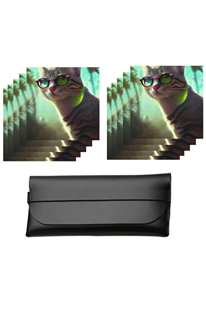 PriStyle Set of 10 Cloths with Coquettish Cat Print, Eco-Leather Eyeglass Cas...