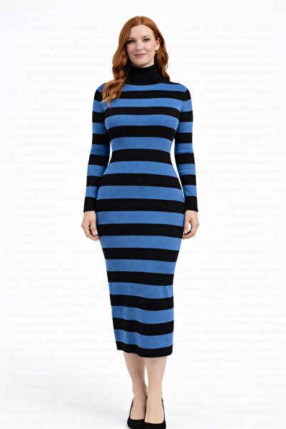 Neden Tekstil Striped Turtleneck Ribbed Knit Dress