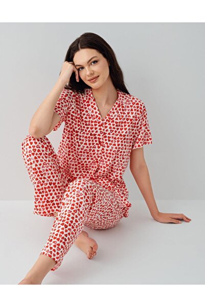 Arnetta Women's 100% Cotton Short Sleeve Button-Down Pajama Set – Heart Patte...