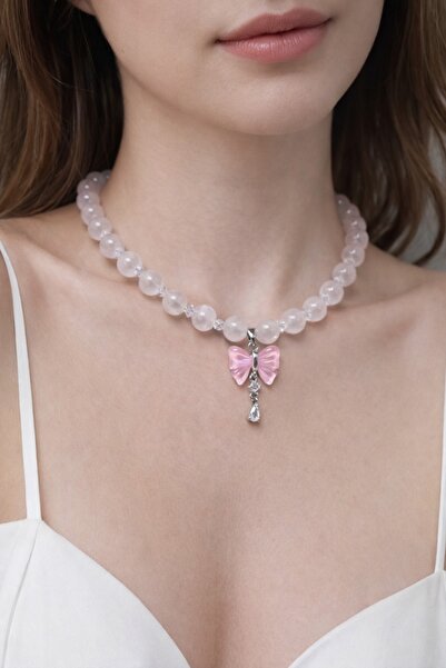 Aurevyn Design Gümüş Renk Detaylı Pembe Kuvars Doğal Taş Sallantılı Kelebek U...