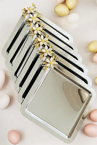 AHİR TİCARET 6 Adet Papatya Aksesuarlı Kare Sunum ve Kahve Tepsisi