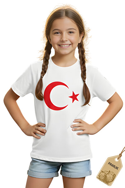 Difa Turkish Flag Kids T-Shirt - White Unisex Cotton Short Sleeve Casual Basi...