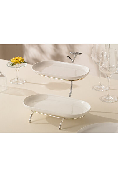 Malooki Oval Candy Bar Porcelain Tiered Platter with Silver Metal Stand - 25....