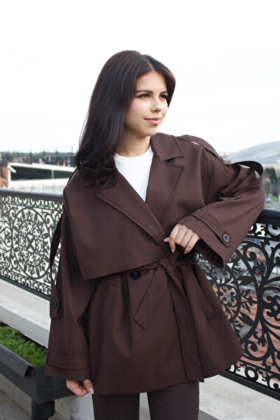 thesunfyre Women's Windbreaker Detailed Belted Oversized Off-Shoulder Short T...