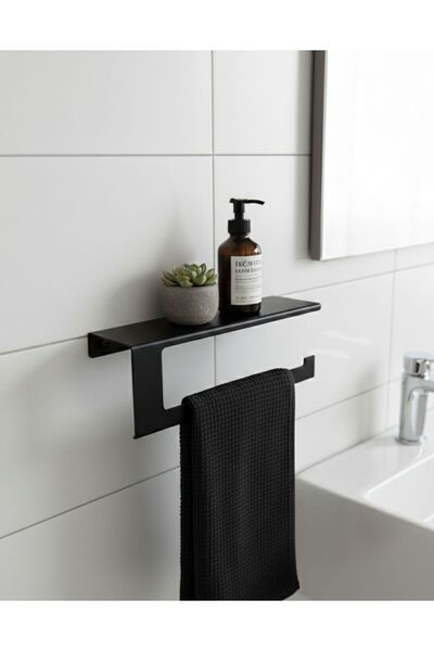 Dersel Dekor Modern Organizer Matte Black Wall Shelf Towel Paper Holder Metal Bathroom Shelf and Towel Rack