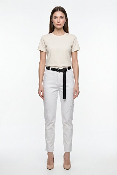 EXİTLİNE Women's White Summer Slim Pants with Belt and Pockets