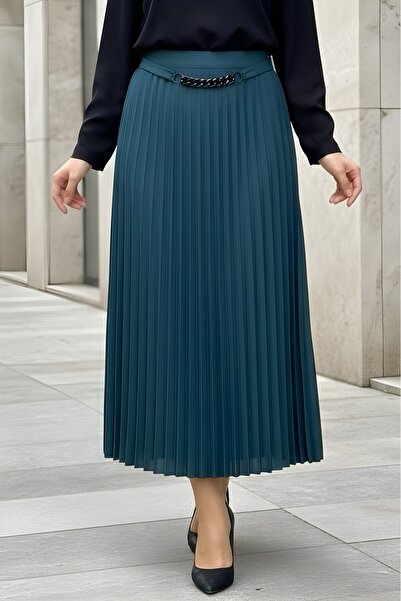 İmajButik Fusta plisată verde petrol cu lanț în talie