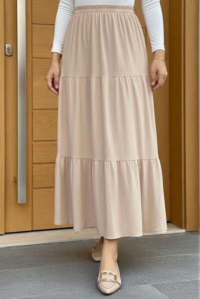 İmajButik Beige Skirt with Layered Elastic Waist and Draped Design