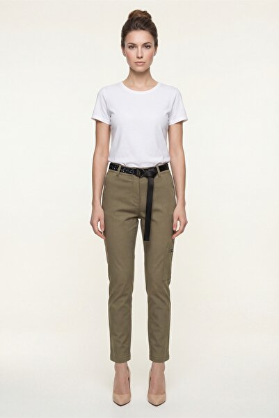 EXİTLİNE Women's Khaki Summer Slim Pants with Belt and Pockets